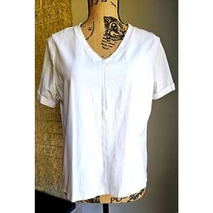 Alison Sheri V Neck White T Shirt  Sz XL Cuffed Sleeve 95% Cotton 5% Spandex NEW